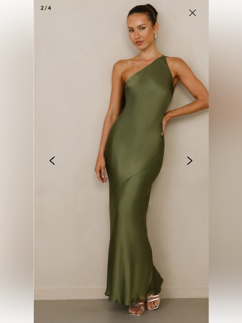 Hello Molly The Evangeline One Shoulder Satin Maxi Dress Olive - S - Picture 2 of 6